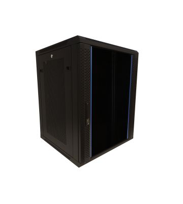 15U wandkast met glazen deur - geperforeerde zijpanelen 600x600x770mm